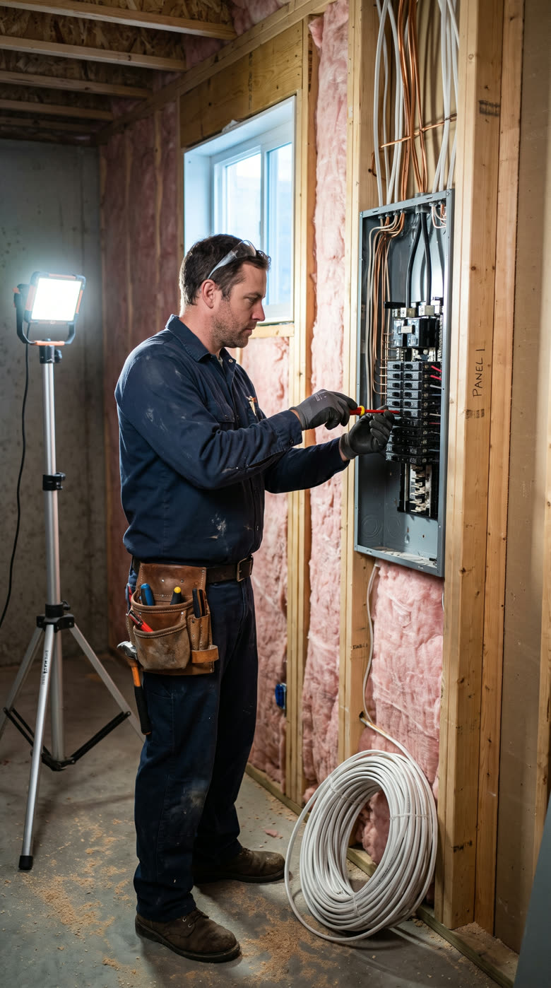 Sample photo ad for a made-up electrician: an electrician working at a breaker panel